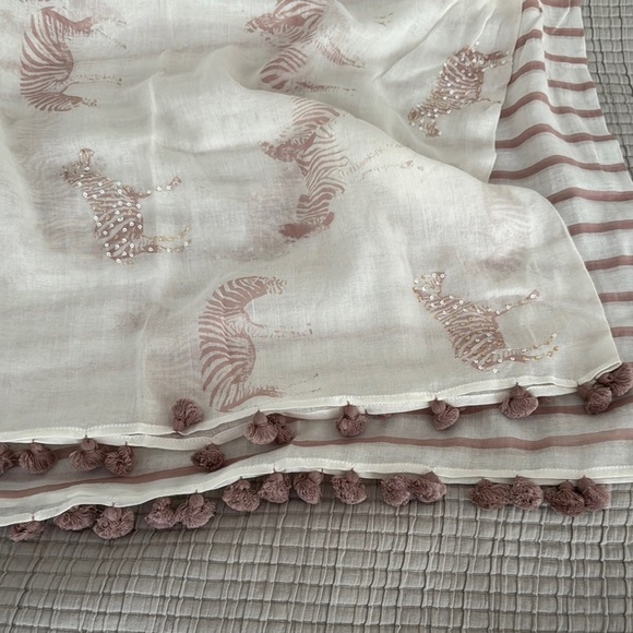 Chic Cream and Pink Zebra Oversized Scarf with Pom Poms and Bling - Picture 4 of 9